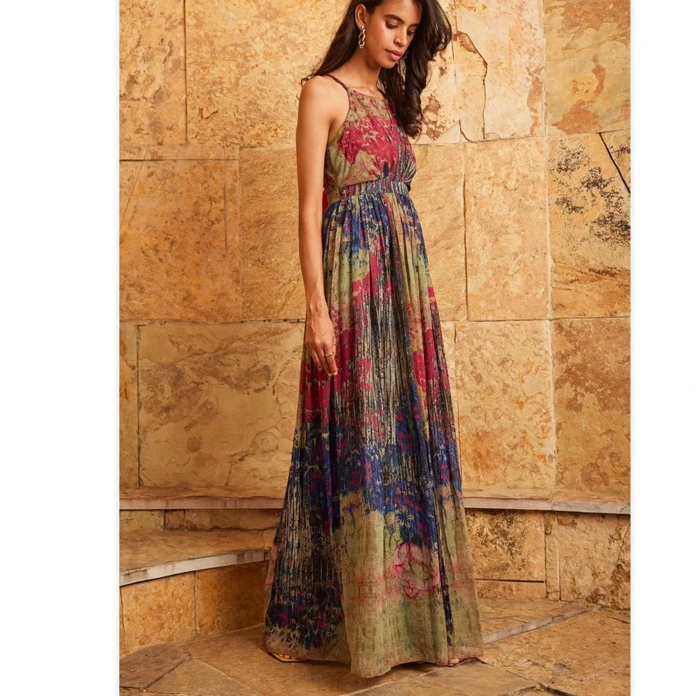 Anthropologie Bhanuni by Jyoti Abstracted Floral Maxi Dress M Sequin Details - Picture 2 of 10